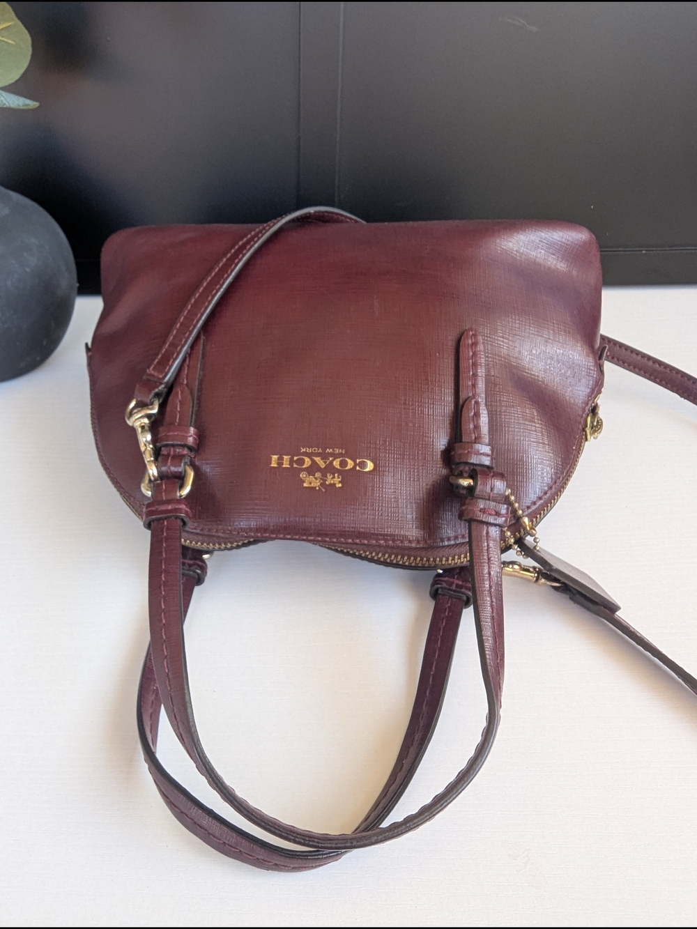 COACH Pebbled Leather Satchel Handbag in Wine - Picture 7 of 12